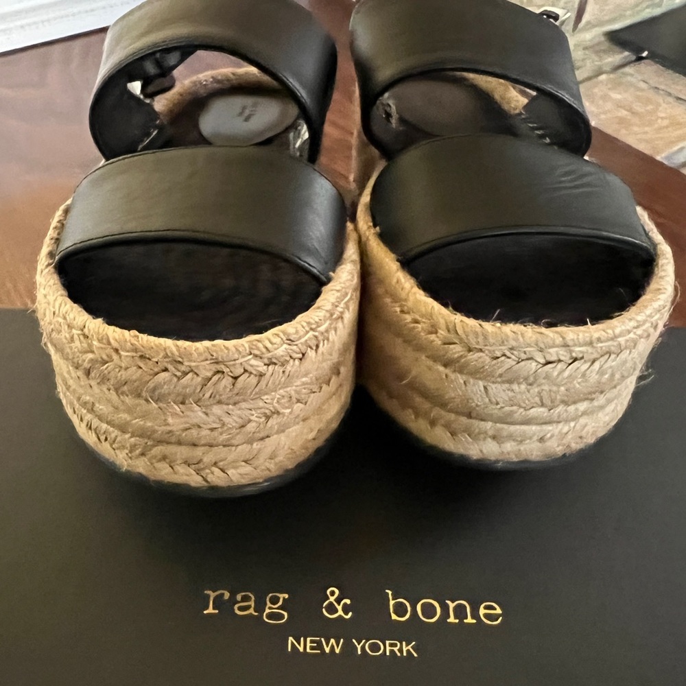 RAG & BONE August Black Leather Platform Espadrille Wedge Sandals. US 7 | EU 37
